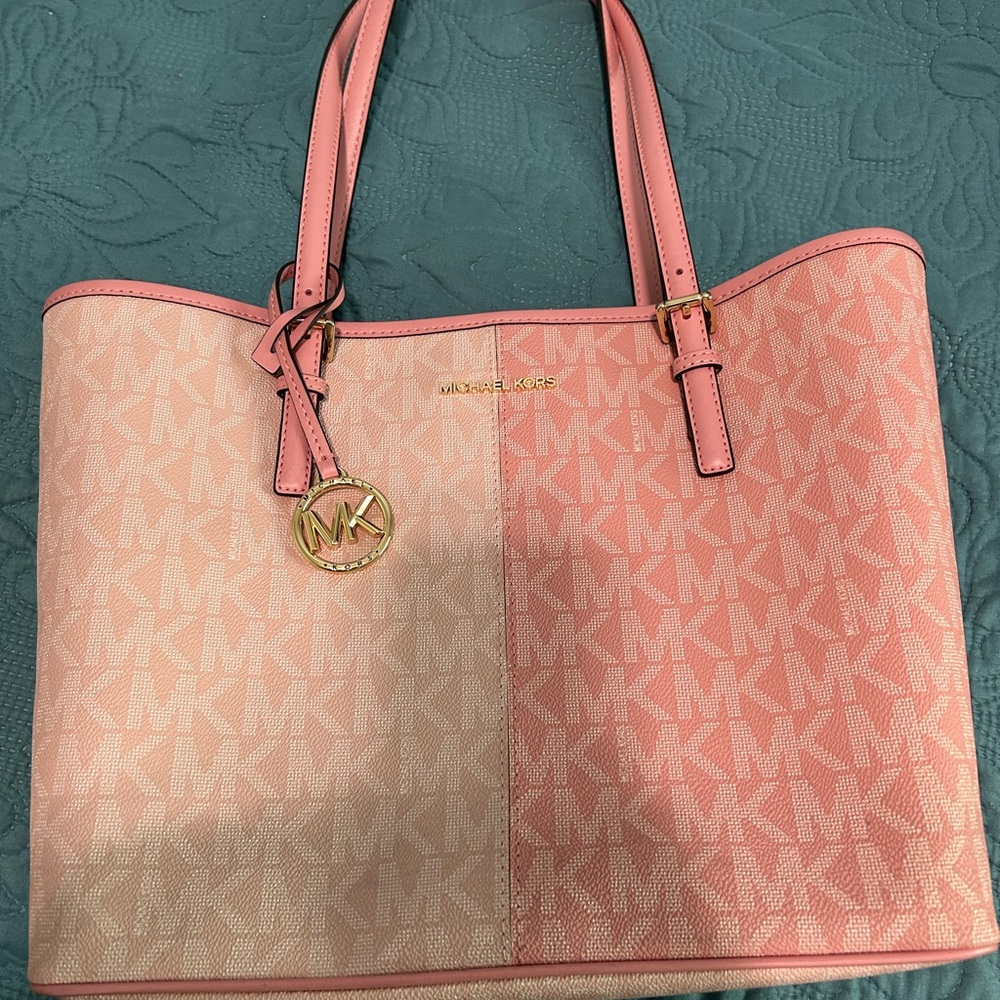 NWT Michael Kors Pink Monogram Tote Bag with Leather Handles
